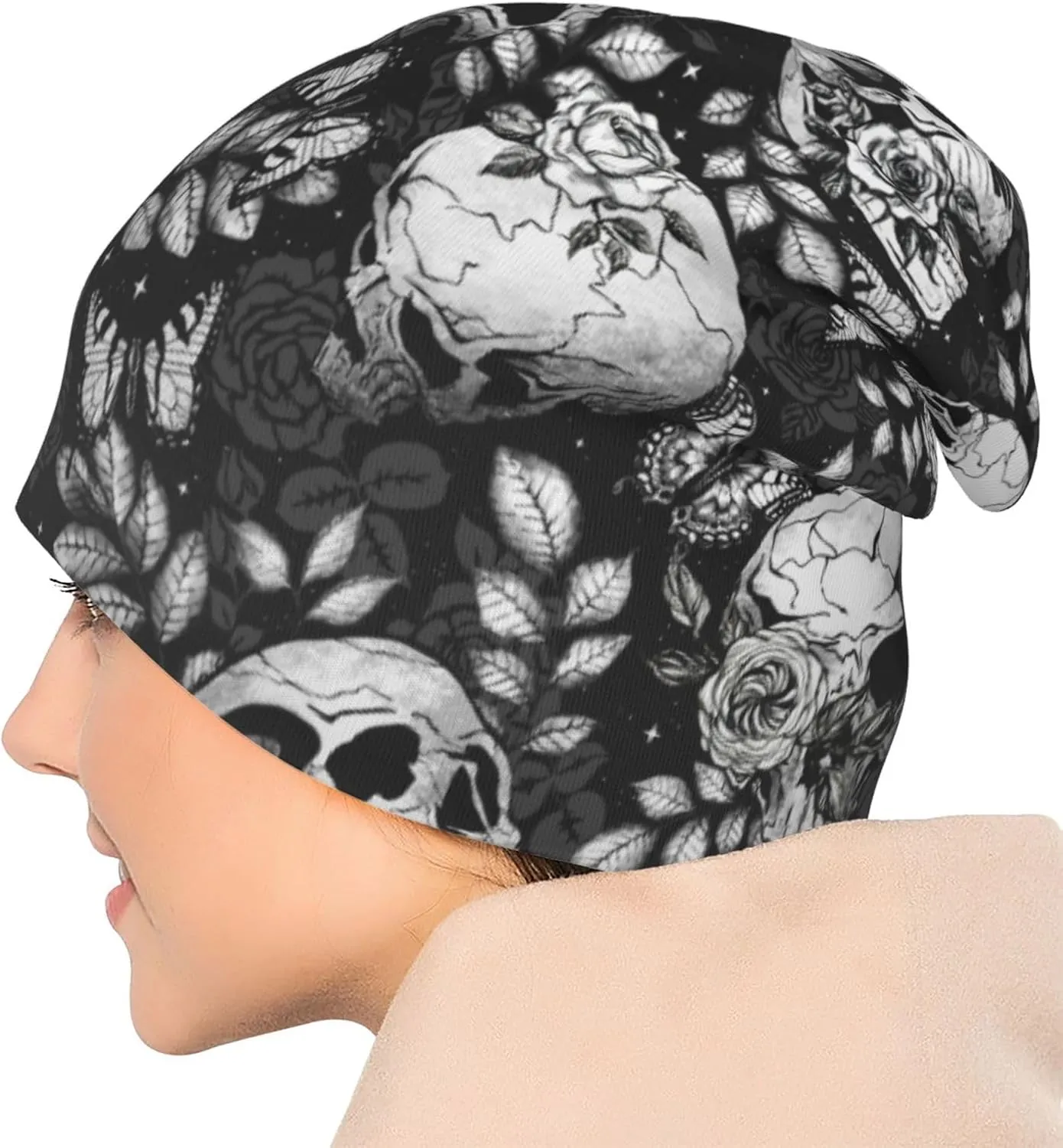 Flower Sugar Skull Beanie Hat Adult Skull Cap Warm Slouchy Knit Hat Headwear Gift for Men Women