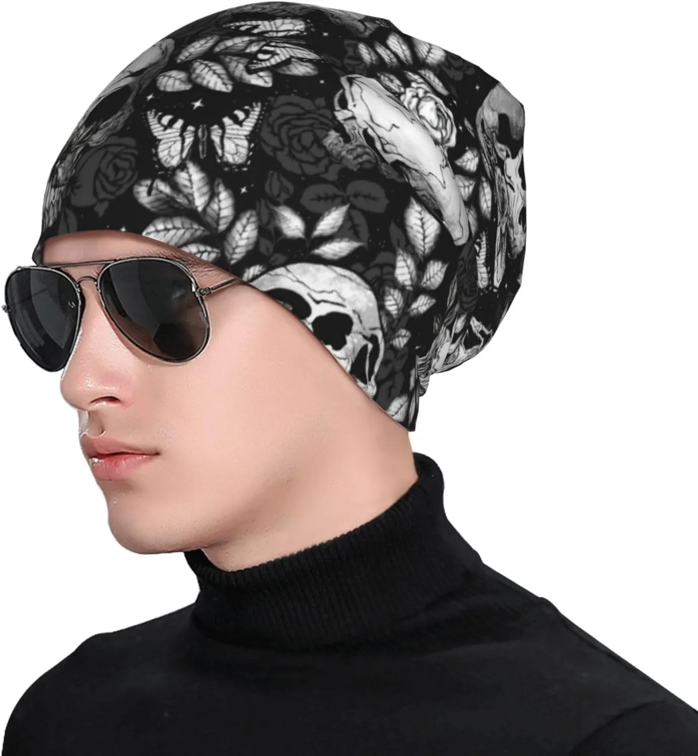Flower Sugar Skull Beanie Hat Adult Skull Cap Warm Slouchy Knit Hat Headwear Gift for Men Women