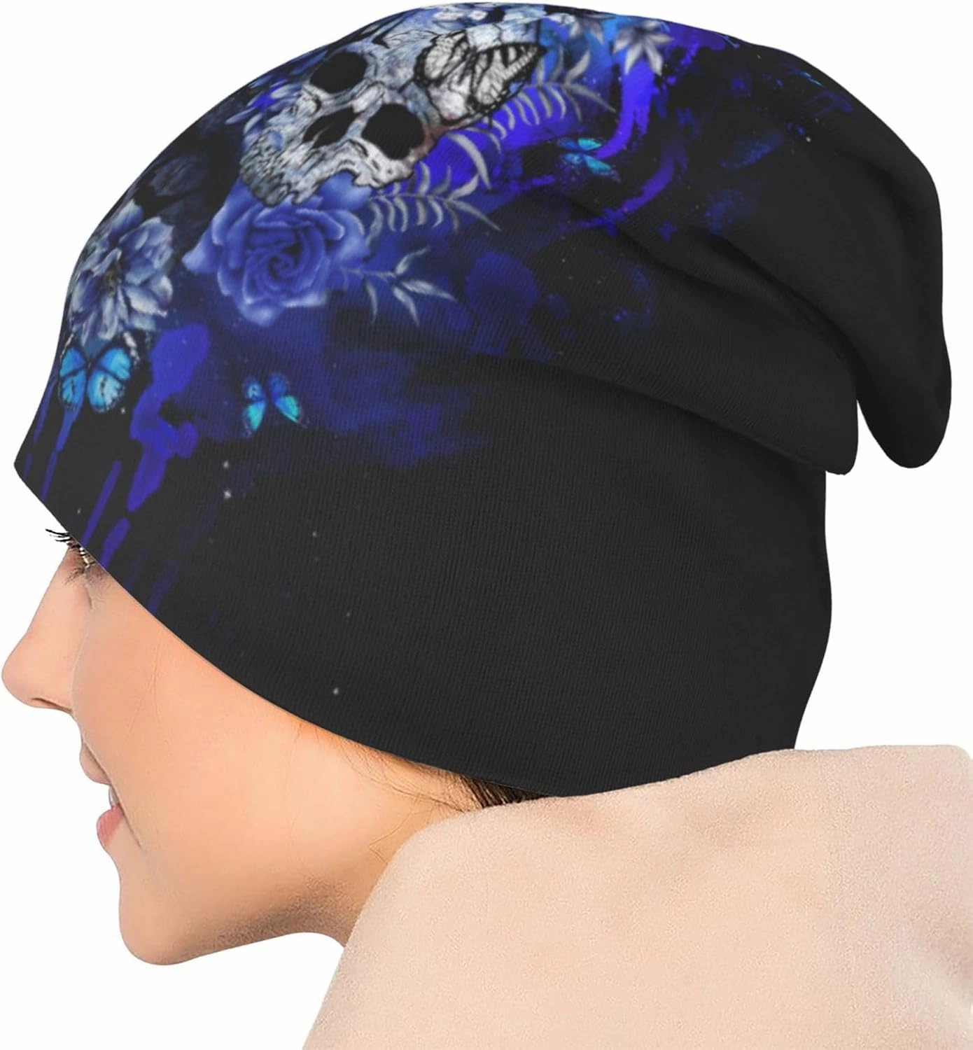 Flower Sugar Skull Beanie Hat Adult Skull Cap Warm Slouchy Knit Hat Headwear Gift for Men Women