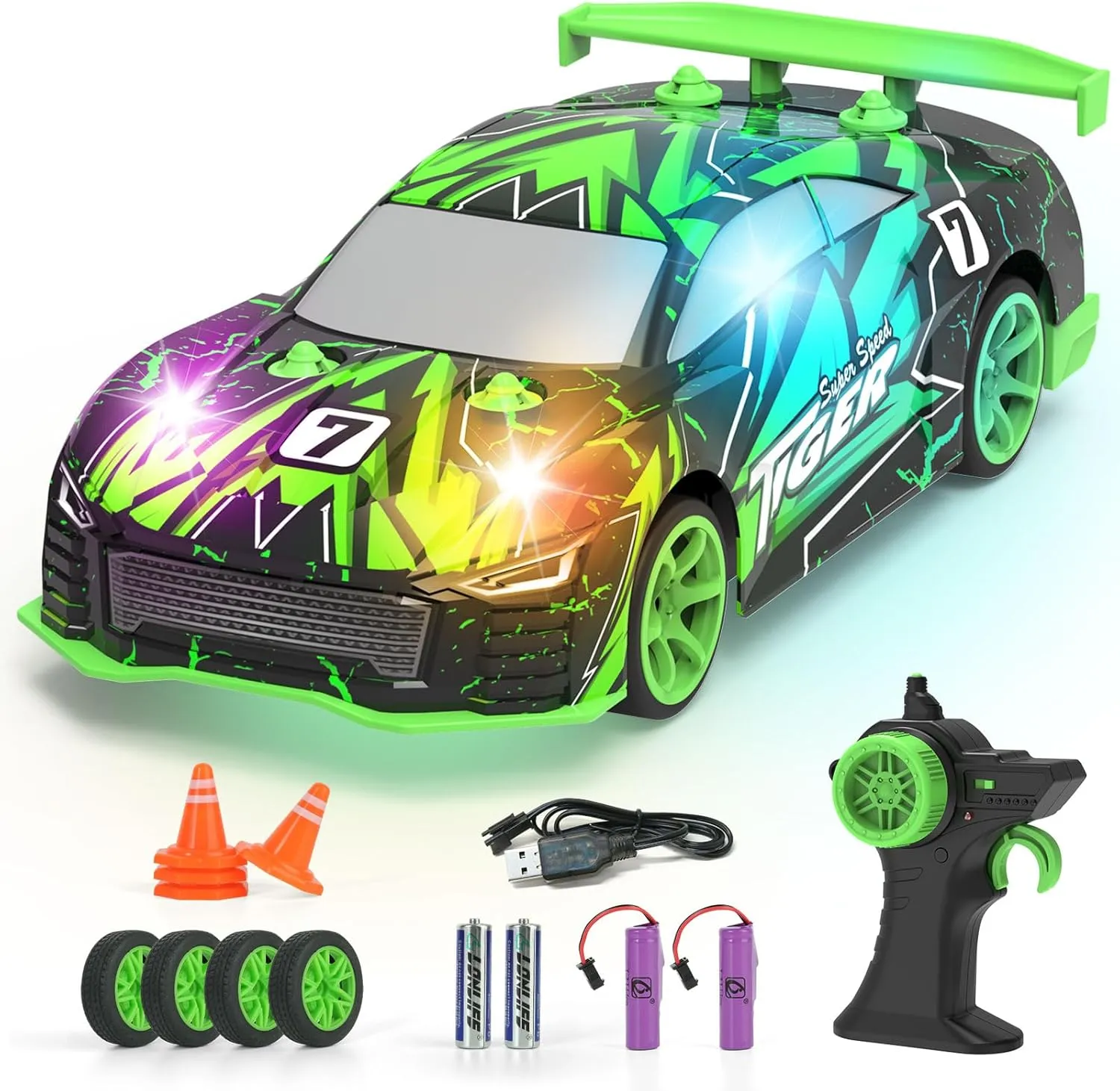 FLYNOVA 4WD RC Drift Car,Light Up Racing Toys for Kids Age 6 7 8 9 10-12,14 KM/H High Speed Vehicle,Easter Thanksgiving Christmas Birthday Fun Gifts for Boys Girls Teens