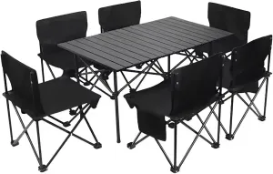 Foldable Camping Table Set with 6 Chair, Outdoor Indoor Use for BBQ, Picnic, Garden Parties, Portable with Carry Bag,Black