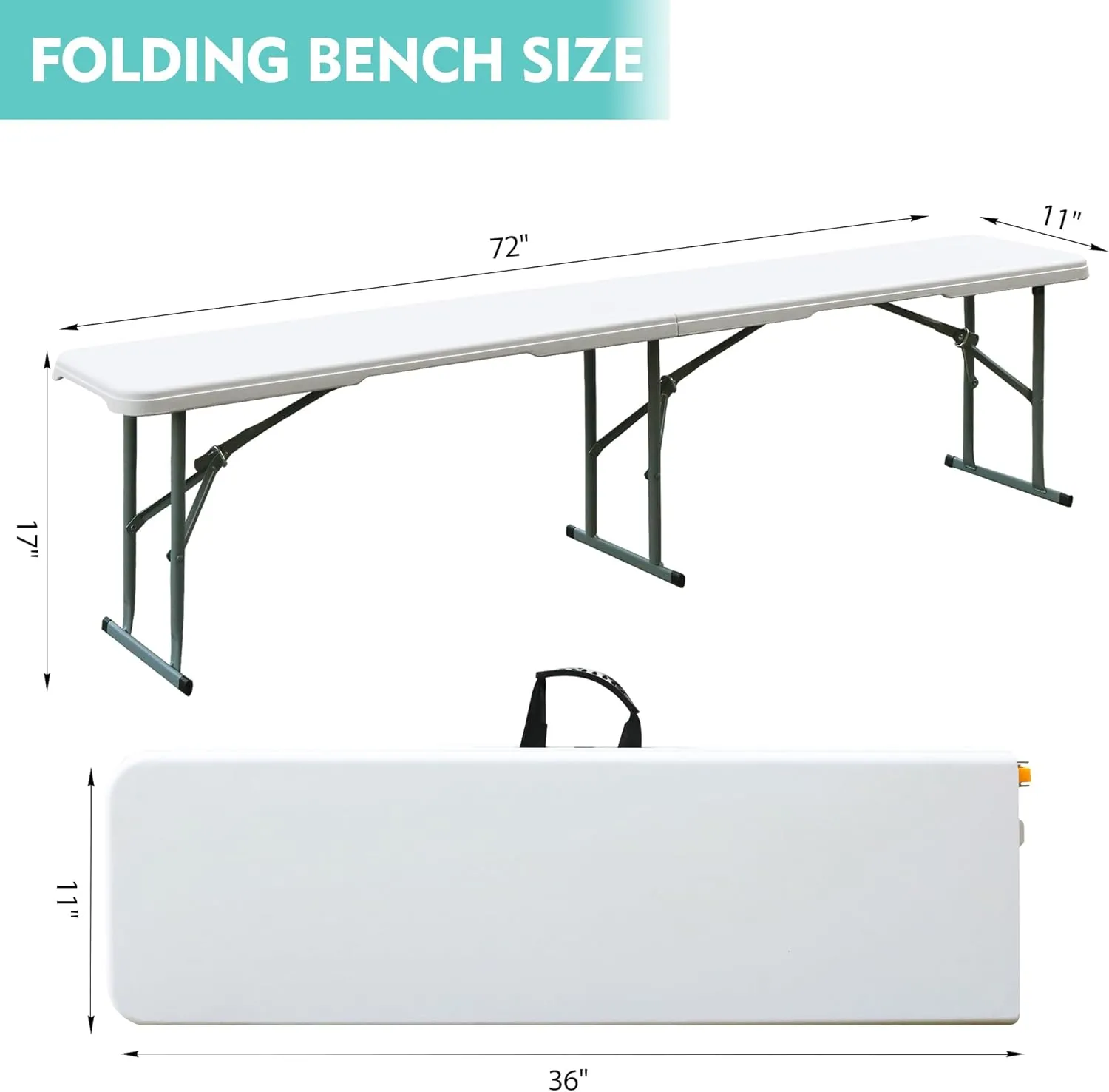 Folding Bench, 6FT Plastic Foldtable Bench with Handles, Outdoor Portable Stackable Bench for Party Camping and Picnic, White