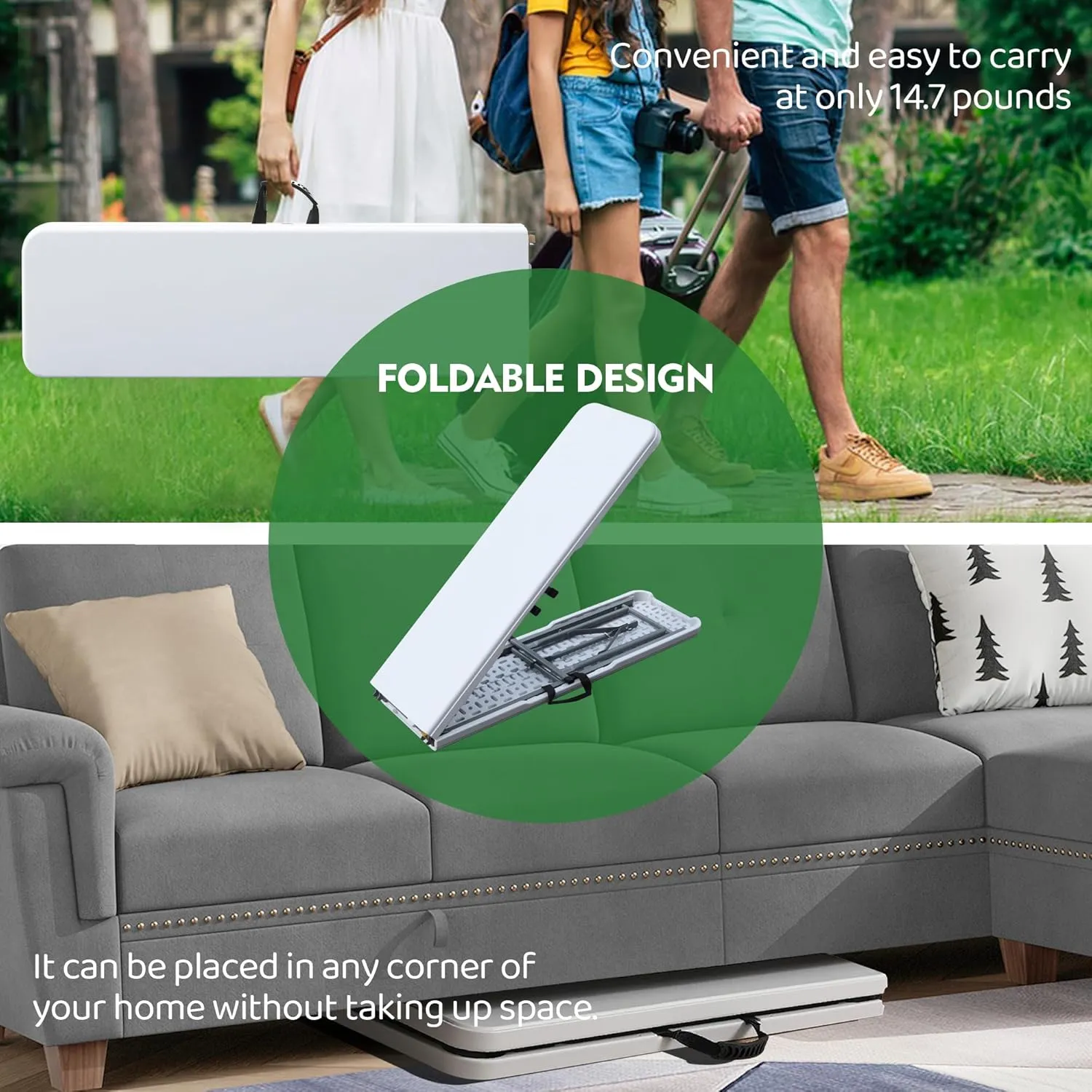 Folding Bench, 6FT Plastic Foldtable Bench with Handles, Outdoor Portable Stackable Bench for Party Camping and Picnic, White