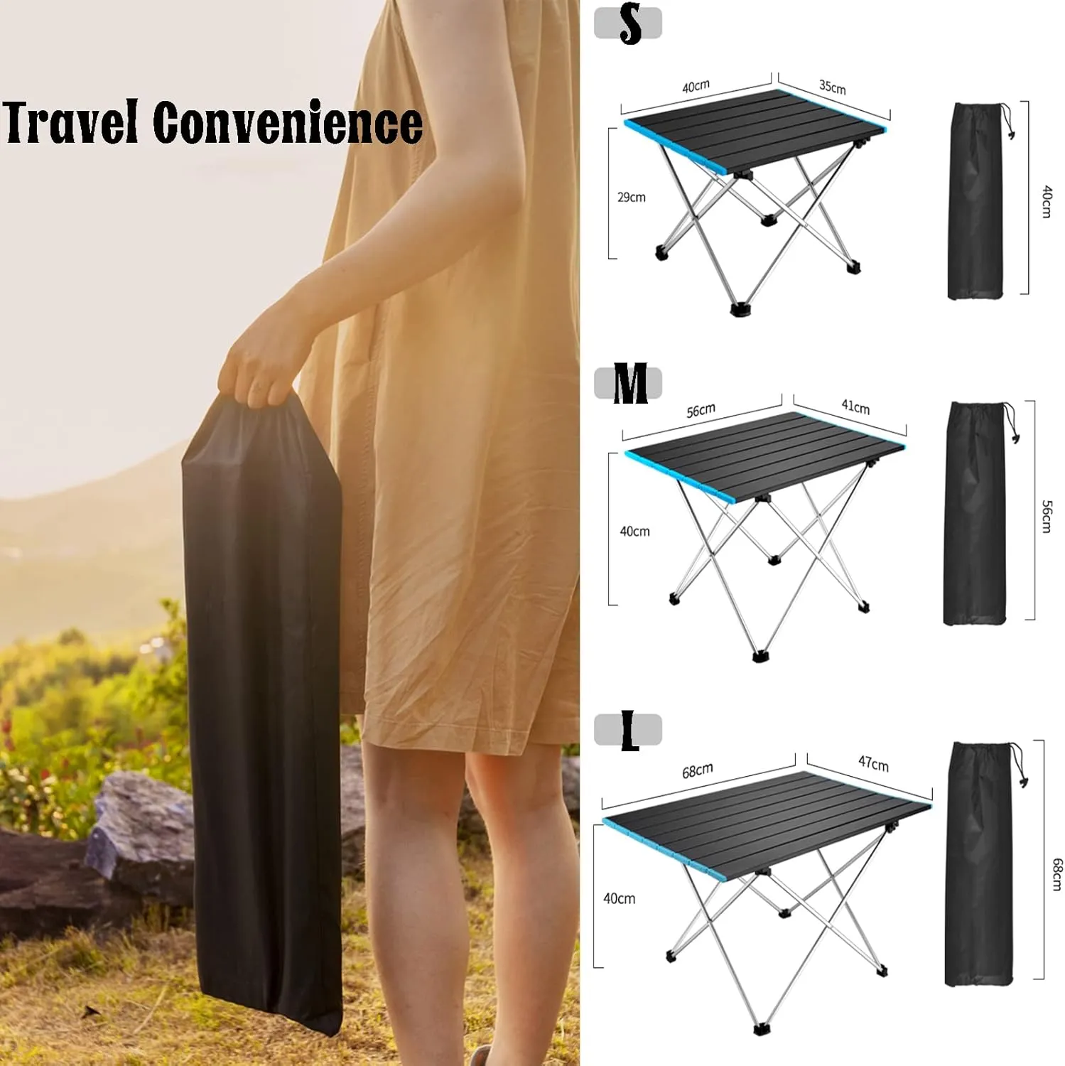 Folding Table Portable Small Camping Table Ultra Light Folding Beach Table Camping with Carrying Bag, Picnic Table Foldable Side Table Withstands Weights of Up to 55lbs,Black,S