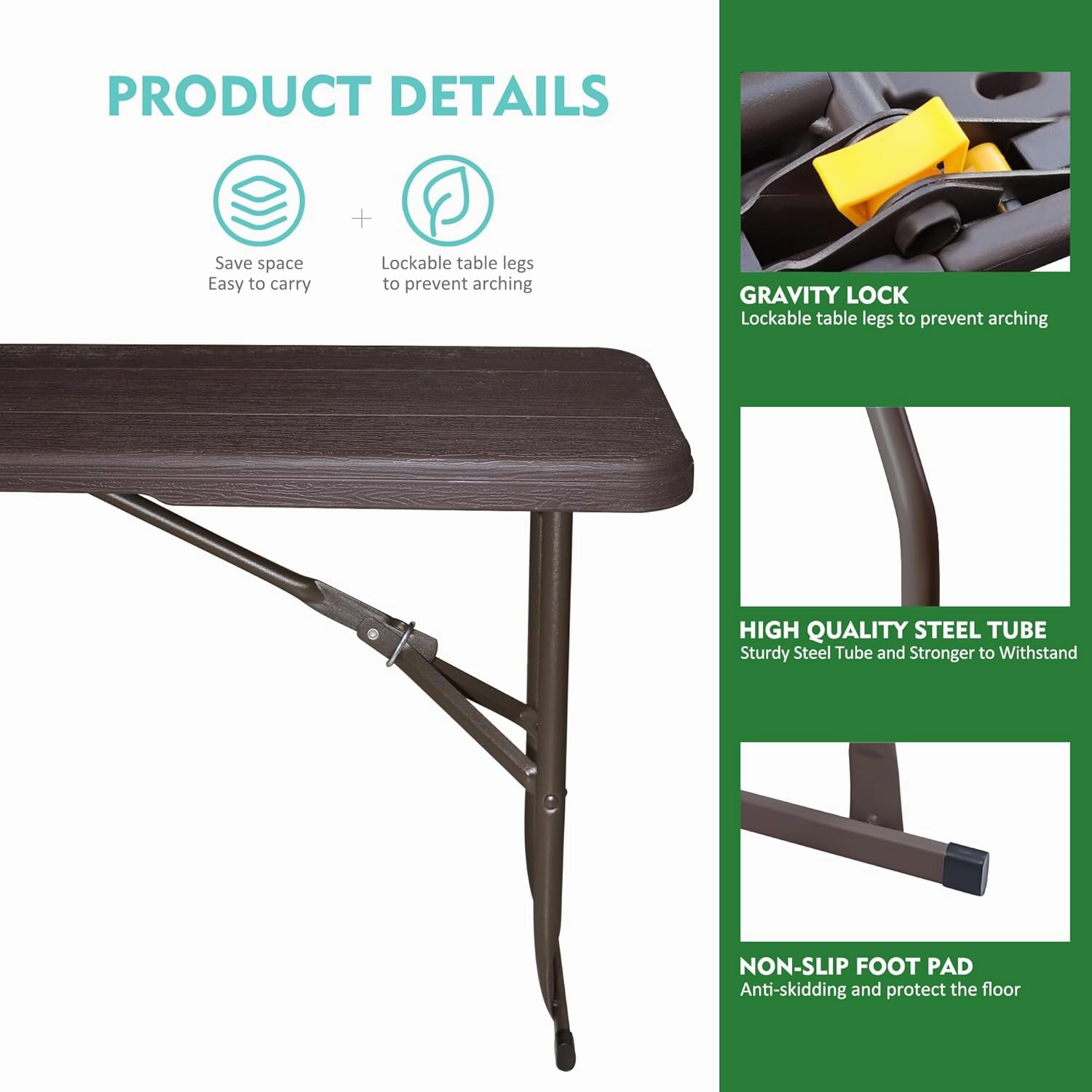 Folding Bench, 6FT Plastic Foldtable Bench with Handles, Outdoor Portable Stackable Bench for Party Camping and Picnic, Brown