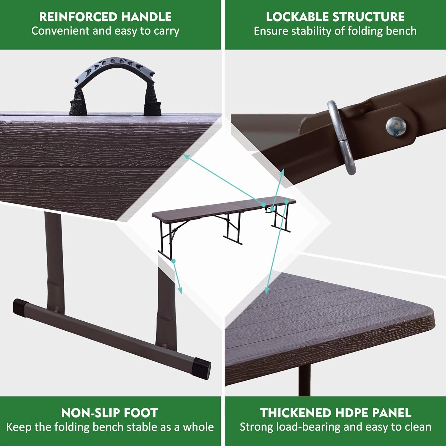 Folding Bench, 6FT Plastic Foldtable Bench with Handles, Outdoor Portable Stackable Bench for Party Camping and Picnic, Brown