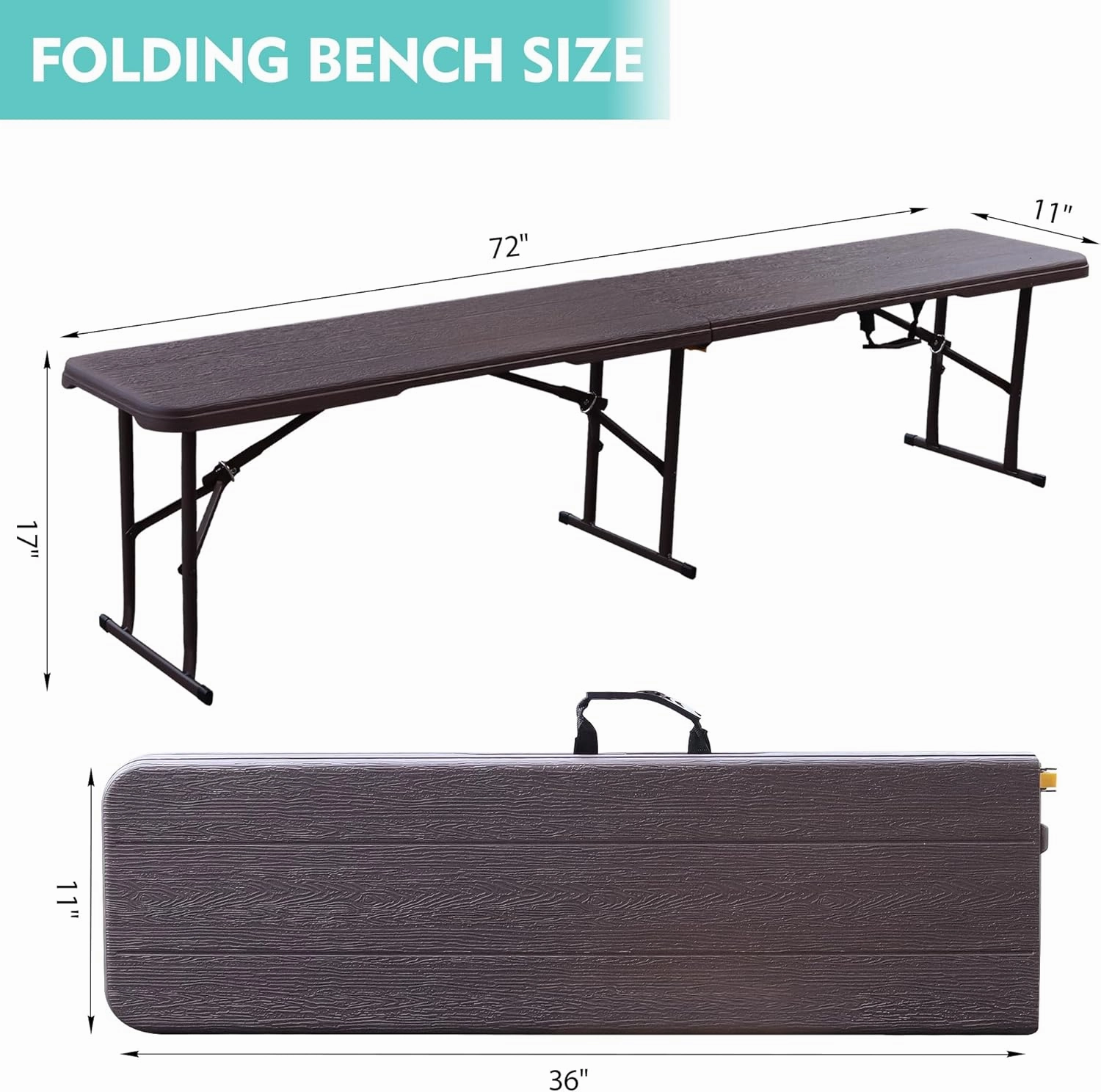 Folding Bench, 6FT Plastic Foldtable Bench with Handles, Outdoor Portable Stackable Bench for Party Camping and Picnic, Brown