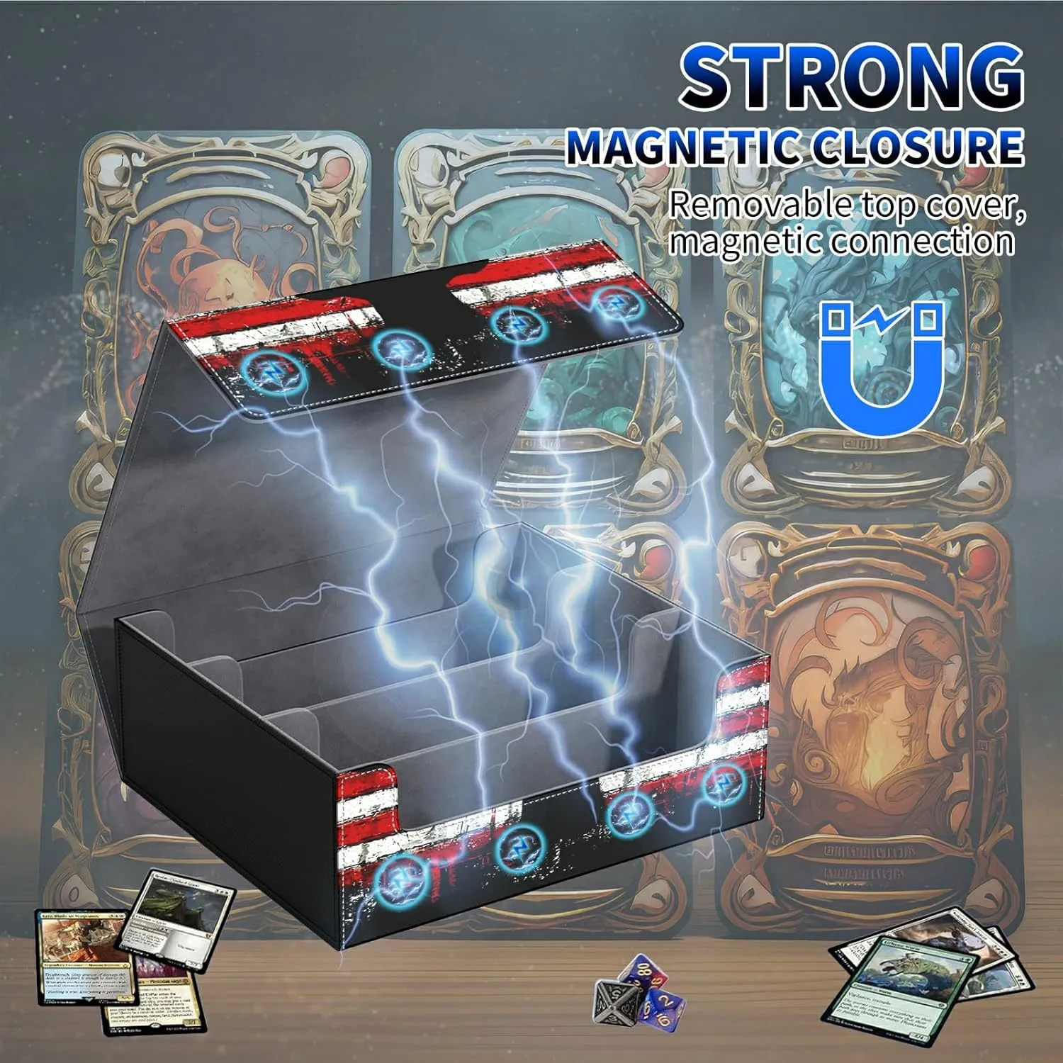 for MTG Commander Deck Box Fit Trading Cards, 1800  Sleeved Cards with PU Leather Magnetic Large Card Storage Case for TCG CCG Magic Sports Cards Man Woman Gift, Deer Flag