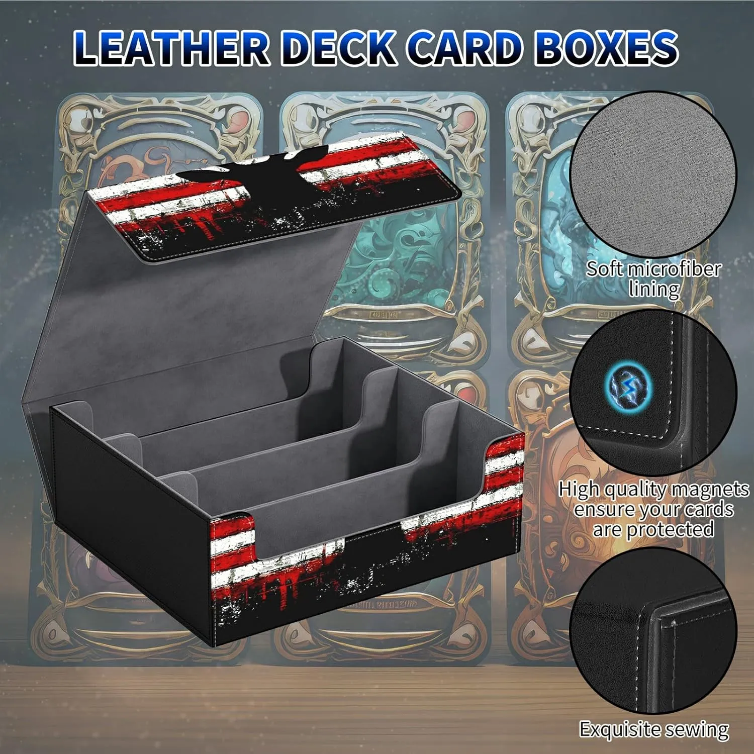 for MTG Commander Deck Box Fit Trading Cards, 1800  Sleeved Cards with PU Leather Magnetic Large Card Storage Case for TCG CCG Magic Sports Cards Man Woman Gift, Deer Flag