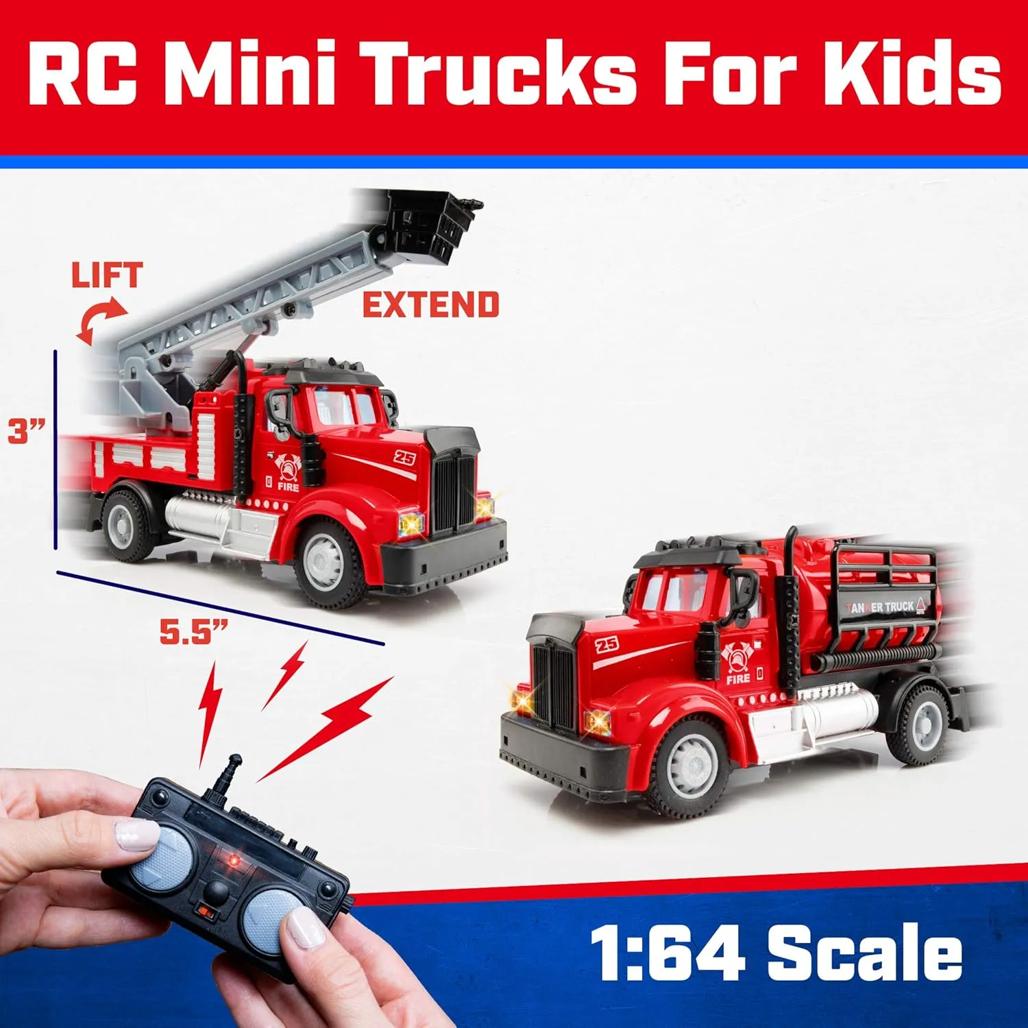 Force1 Mini RC Firetrucks Toys for Kids - 2 Pack Remote Control Kid Fire Truck Set with Mini Water Tank and Boom Toy Fire Trucks for Boys or Girls, Rechargeable 2.4GHz Remote Firetruck with Lights