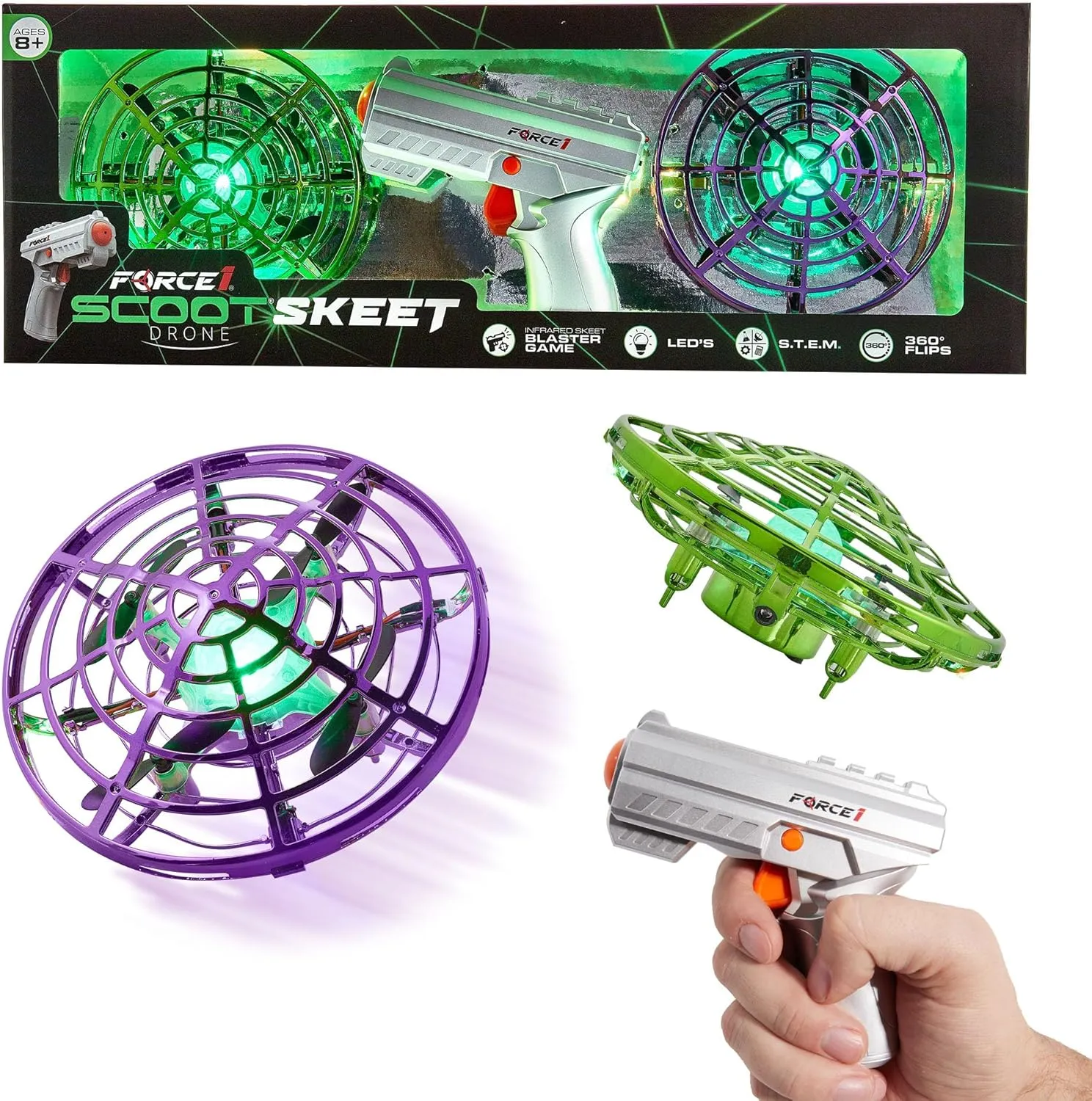 Force1 Scoot Skeet 3pk Mini Drone Electronic Shooting Games for Kids and Adults- 2 Hand Drones for Kids with LED Toy Gun Set, Ultimate Electronic Target Games, Indoor Flying Ball Toys (Purple/Green)