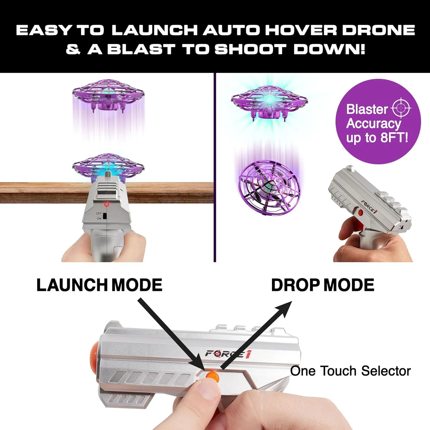 Force1 Scoot Skeet 3pk Mini Drone Electronic Shooting Games for Kids and Adults- 2 Hand Drones for Kids with LED Toy Gun Set, Ultimate Electronic Target Games, Indoor Flying Ball Toys (Purple/Green)