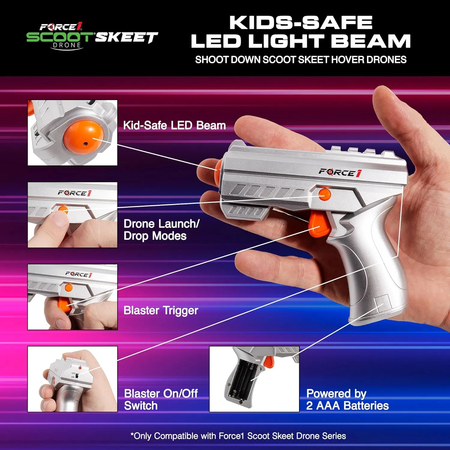 Force1 Scoot Skeet 3pk Mini Drone Electronic Shooting Games for Kids and Adults- 2 Hand Drones for Kids with LED Toy Gun Set, Ultimate Electronic Target Games, Indoor Flying Ball Toys (Purple/Green)