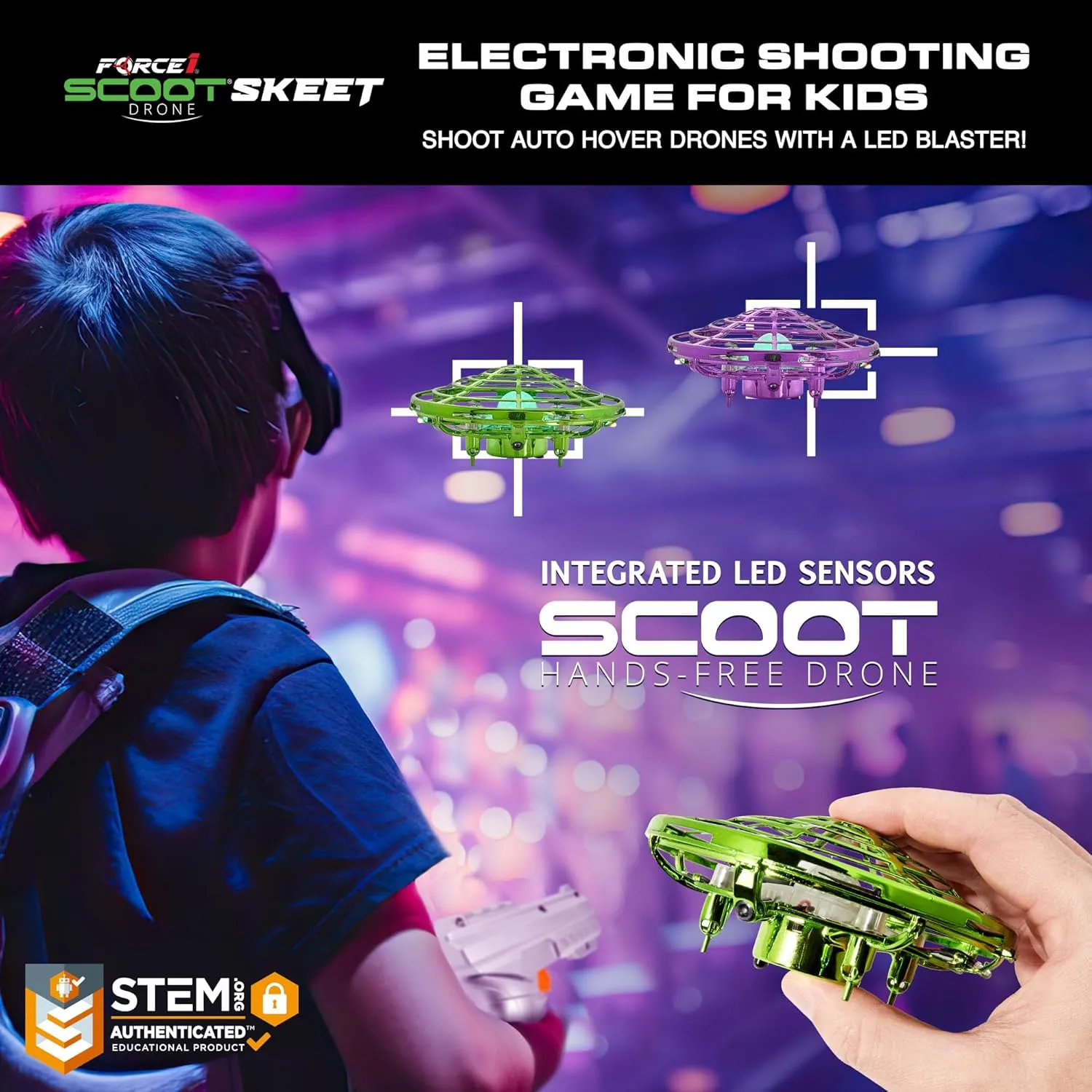 Force1 Scoot Skeet 3pk Mini Drone Electronic Shooting Games for Kids and Adults- 2 Hand Drones for Kids with LED Toy Gun Set, Ultimate Electronic Target Games, Indoor Flying Ball Toys (Purple/Green)