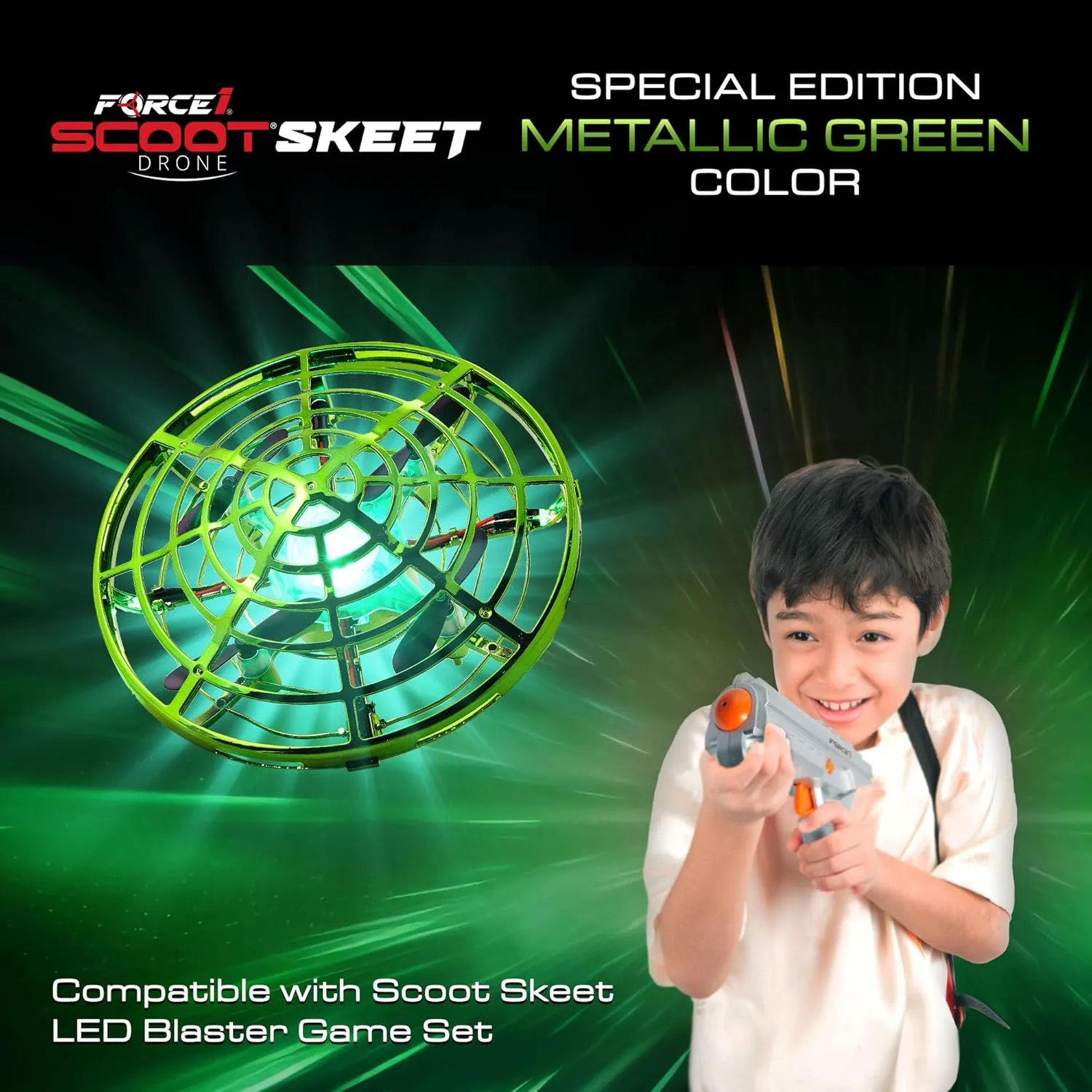 Force1 Scoot Skeet Mini Drone Electronic Shooting Game for Kids (Drone Only)- Hand Drones for Kids Compatible with Scoot Skeet LED Blaster, Electronic Target Game Indoor Flying Ball Toy (Green)