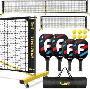 Fostoy Portable Pickleball Net with Wheels, Pickleball Set with 4 Fiberglass Paddles & 6 Pickleballs, Carry Bag, for Backyards Driveways and Garages