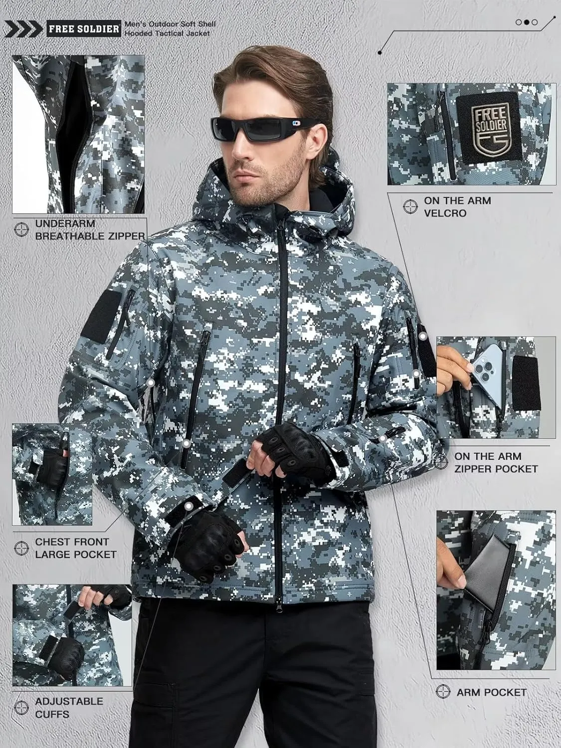 FREE SOLDIER Men's Outdoor Waterproof Soft Shell Hooded Military Tactical Jacket