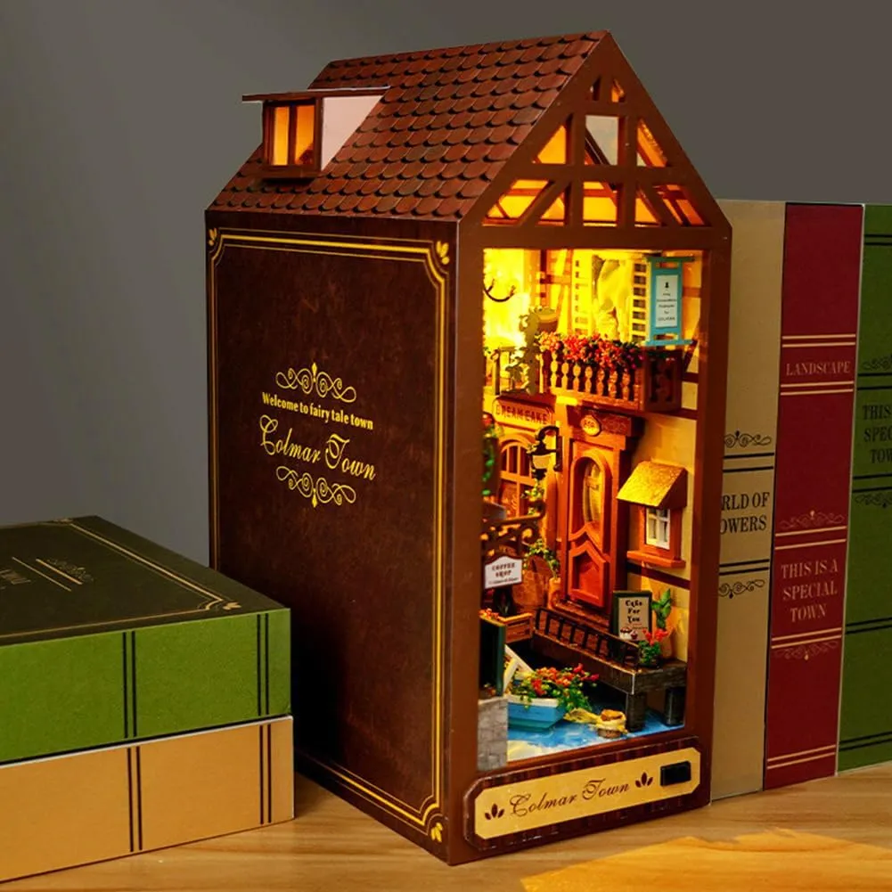 French Style Mini Wooden Book Nook kit Romantic Fairy Tale Town Building Model DIY Book Block Bookshelf Model with Furniture for Adult Teenagers (Leisurely Years)