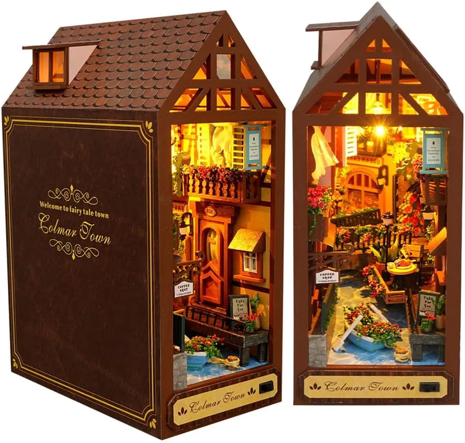 French Style Mini Wooden Book Nook kit Romantic Fairy Tale Town Building Model DIY Book Block Bookshelf Model with Furniture for Adult Teenagers (Leisurely Years)