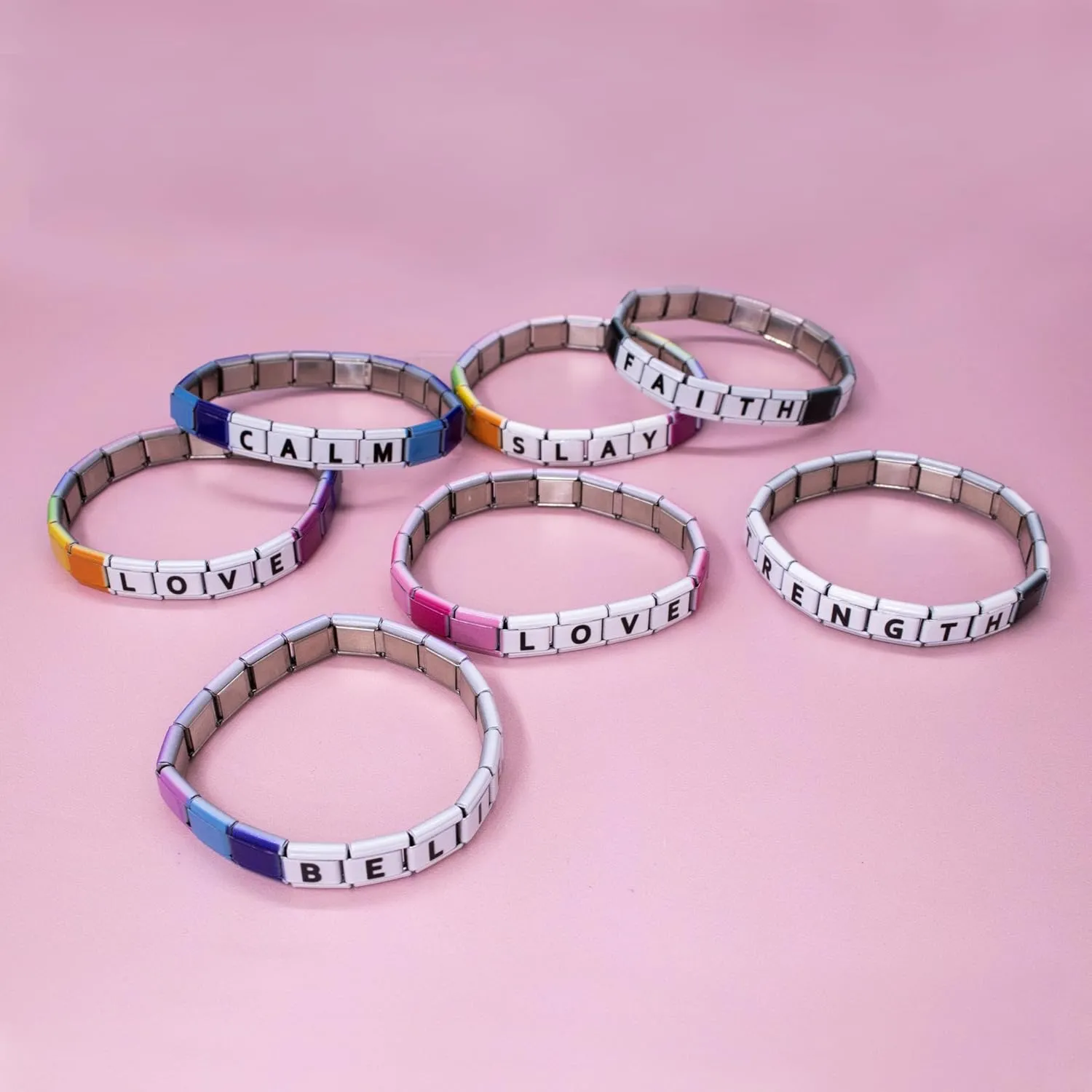 FROG SAC Italian Charm Word Bracelet for Women, Stainless Steel Tile Letter Friendship Bracelets for Women, 9mm Modular Nomination Link Charms Jewelry for Women, Cute Stretch Affirmation Accessories
