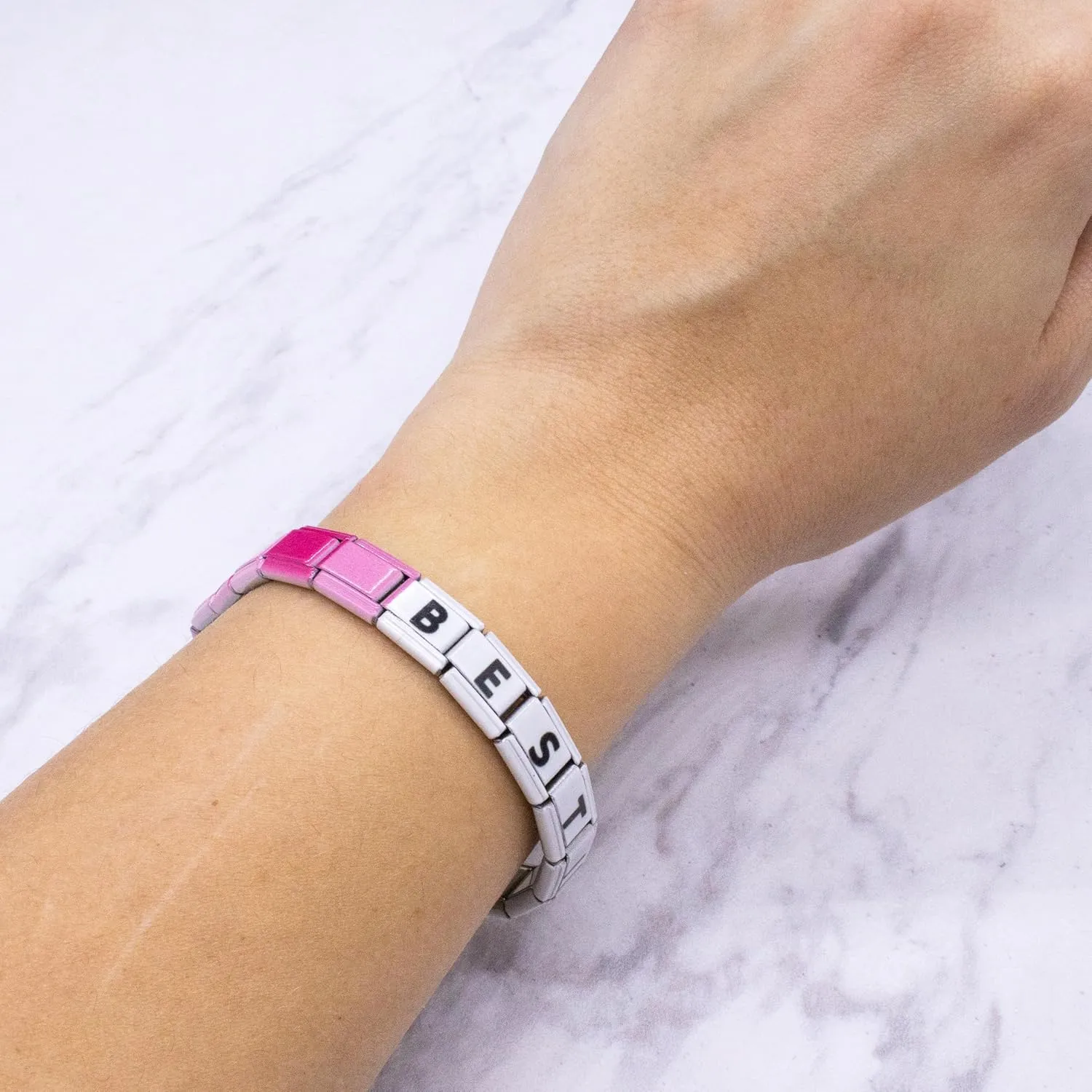 FROG SAC Italian Charm Word Bracelet for Women, Stainless Steel Tile Letter Friendship Bracelets for Women, 9mm Modular Nomination Link Charms Jewelry for Women, Cute Stretch Affirmation Accessories