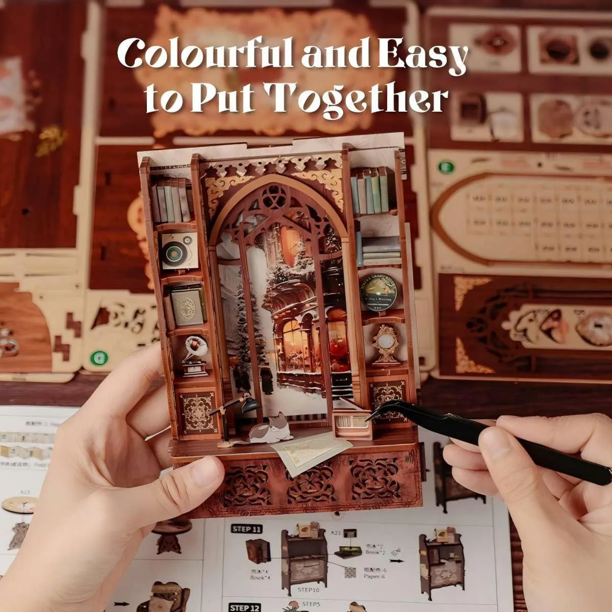 Fsolis Book Nook Kit, DIY Miniature Dollhouse Kit 3D Puzzles for Adults Mini House Bookshelf Library Decor Gifts for Women Teenagers Book Lovers(Bookshop Memory)