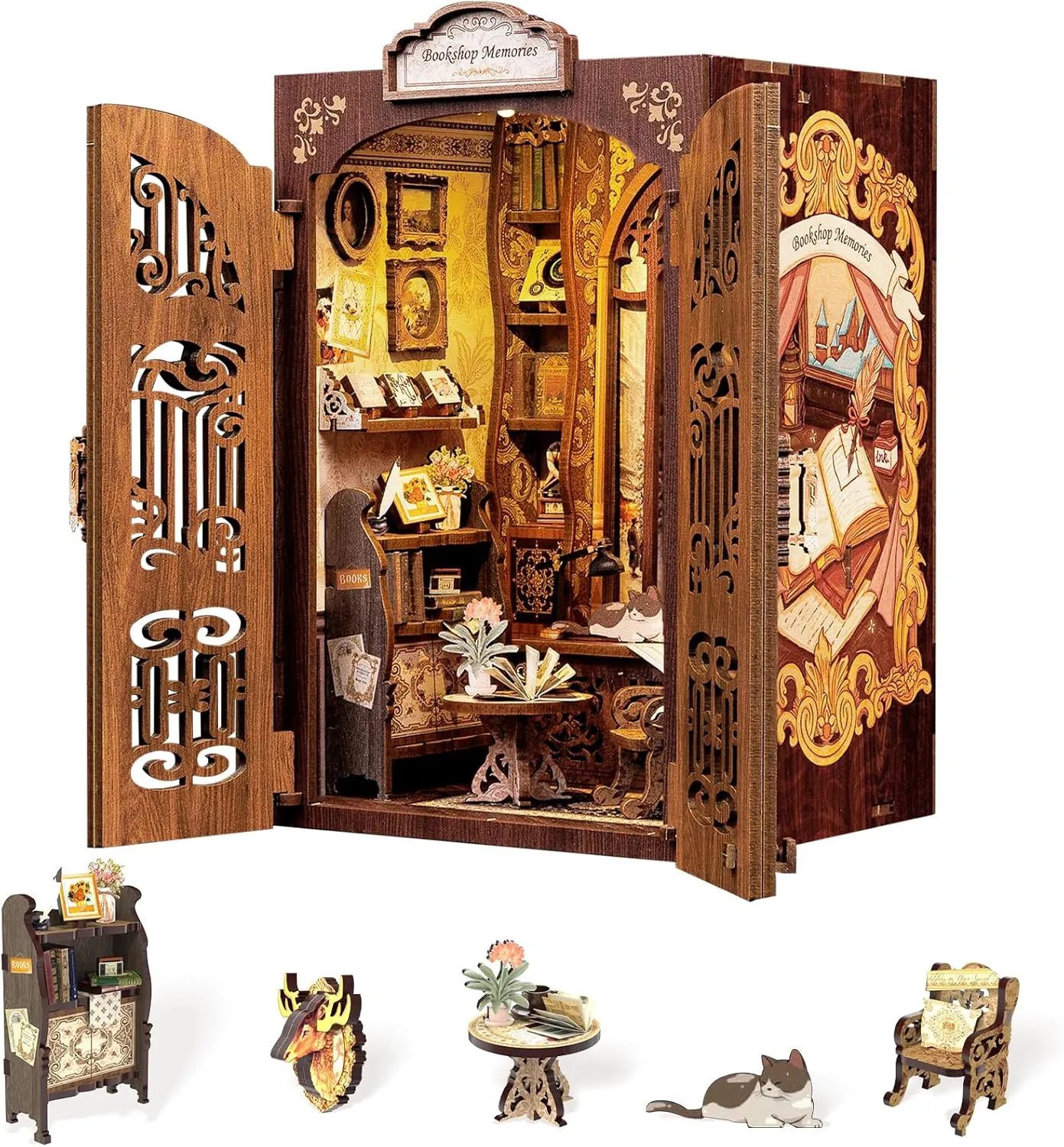 Fsolis Book Nook Kit, DIY Miniature Dollhouse Kit 3D Puzzles for Adults Mini House Bookshelf Library Decor Gifts for Women Teenagers Book Lovers(Bookshop Memory)