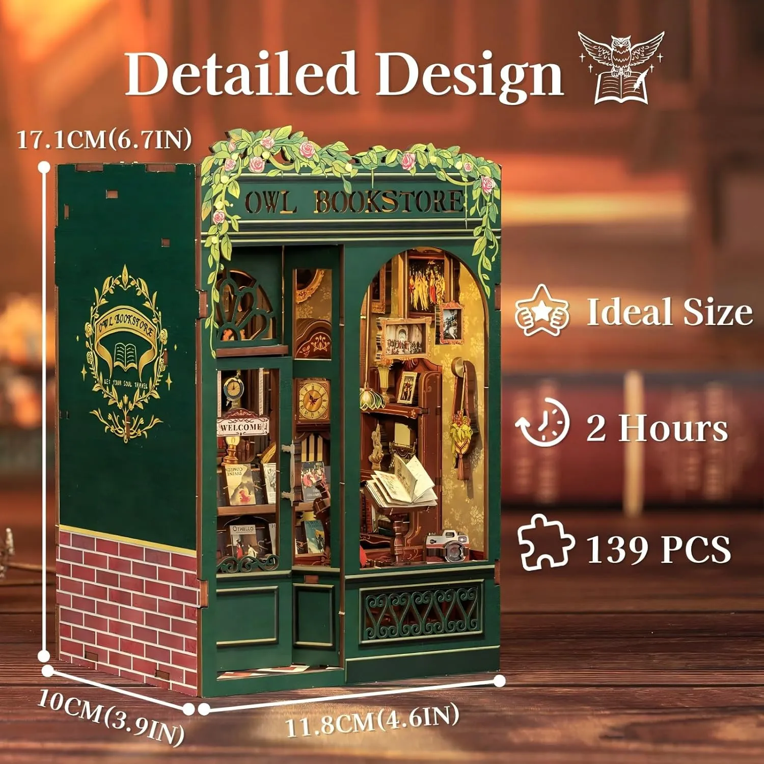 Fsolis Book Nook Kit, DIY Miniature Dollhouse Kit 3D Puzzles for Adults Mini House Tiny Home Bookshelf Decor DIY Project for Women Teenagers Craft Hobbies Gifts for Book Lovers（OWL Bookstore）