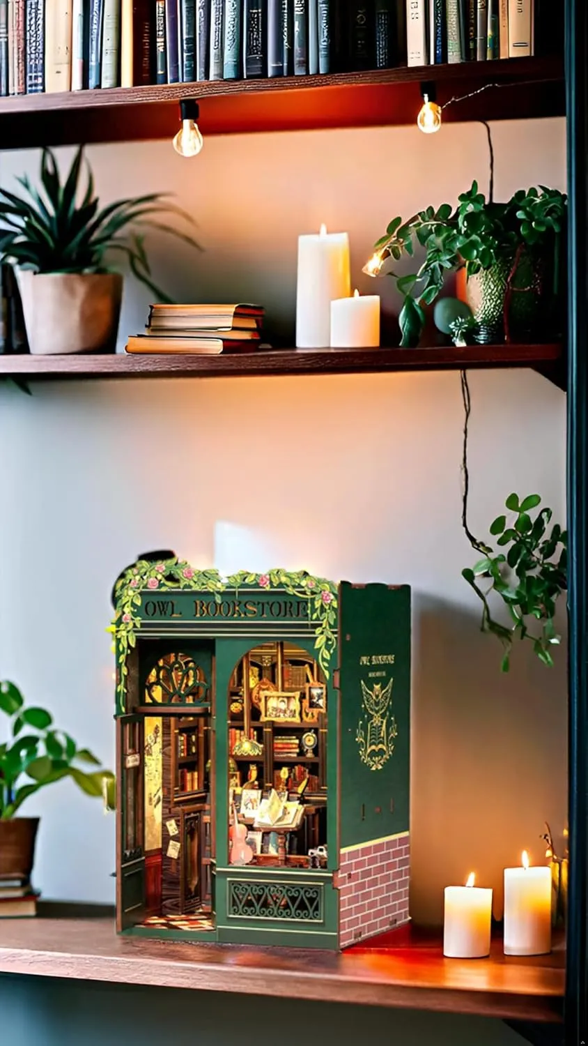 Fsolis Book Nook Kit, DIY Miniature Dollhouse Kit 3D Puzzles for Adults Mini House Tiny Home Bookshelf Decor DIY Project for Women Teenagers Craft Hobbies Gifts for Book Lovers（OWL Bookstore）