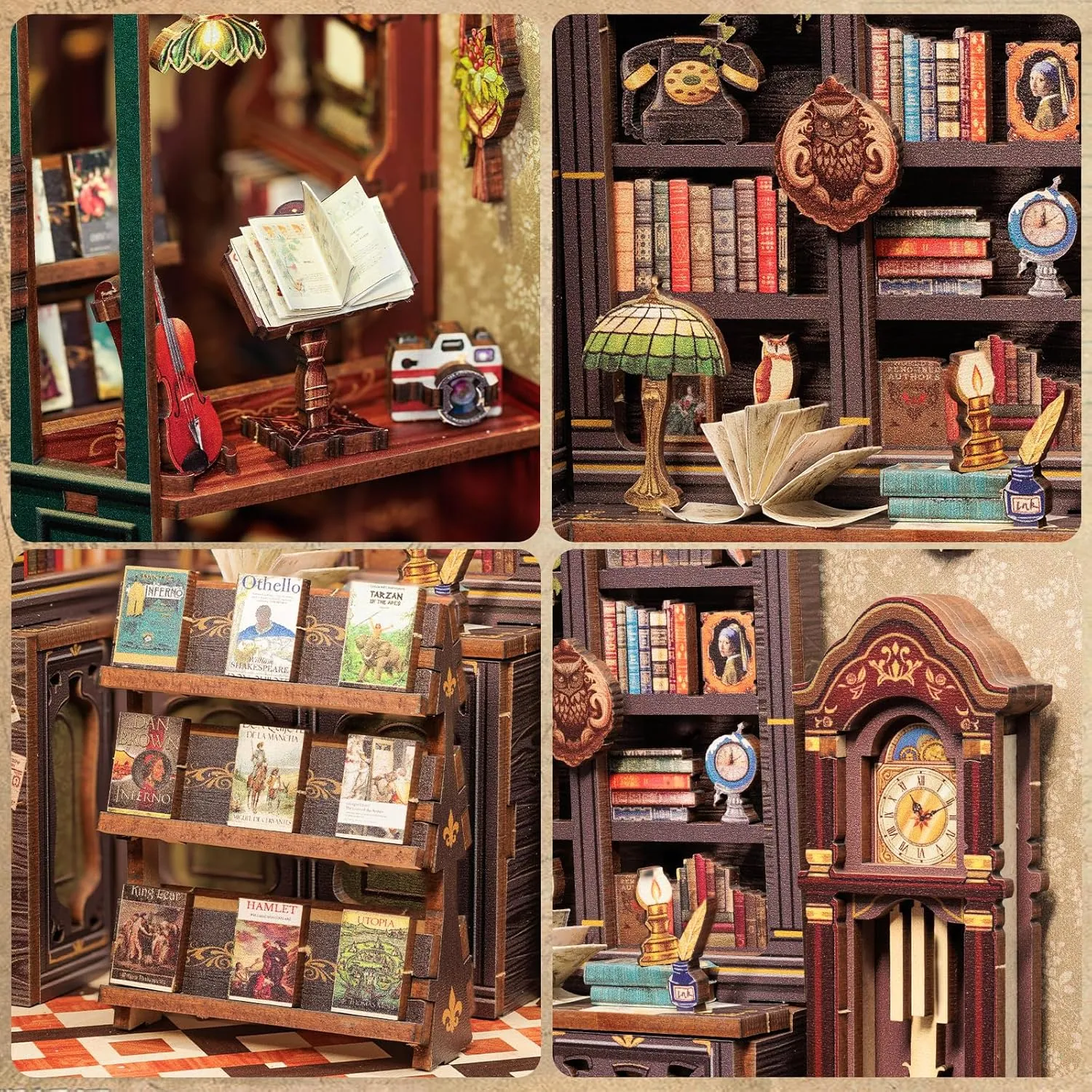 Fsolis Book Nook Kit, DIY Miniature Dollhouse Kit 3D Puzzles for Adults Mini House Tiny Home Bookshelf Decor DIY Project for Women Teenagers Craft Hobbies Gifts for Book Lovers（OWL Bookstore）