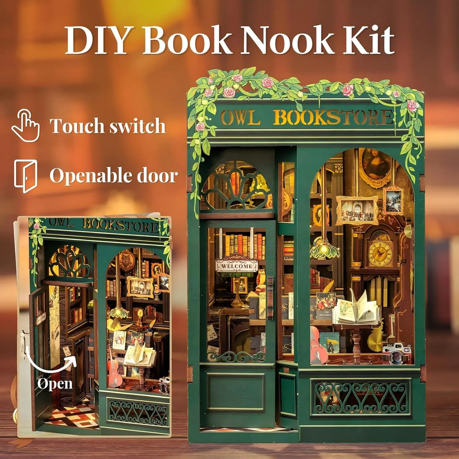 Fsolis Book Nook Kit, DIY Miniature Dollhouse Kit 3D Puzzles for Adults Mini House Tiny Home Bookshelf Decor DIY Project for Women Teenagers Craft Hobbies Gifts for Book Lovers（OWL Bookstore）
