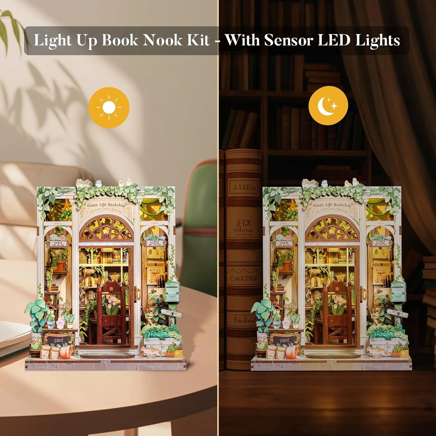 Fsolis Book Nook Kit, DIY Miniature Scene Dollhouse Kit for Adults and Beginners Mini Craft Bookshelf Nook Puzzle Tiny House Gifts for Women Teenagers Book Lovers (Green Life's Bookshop)