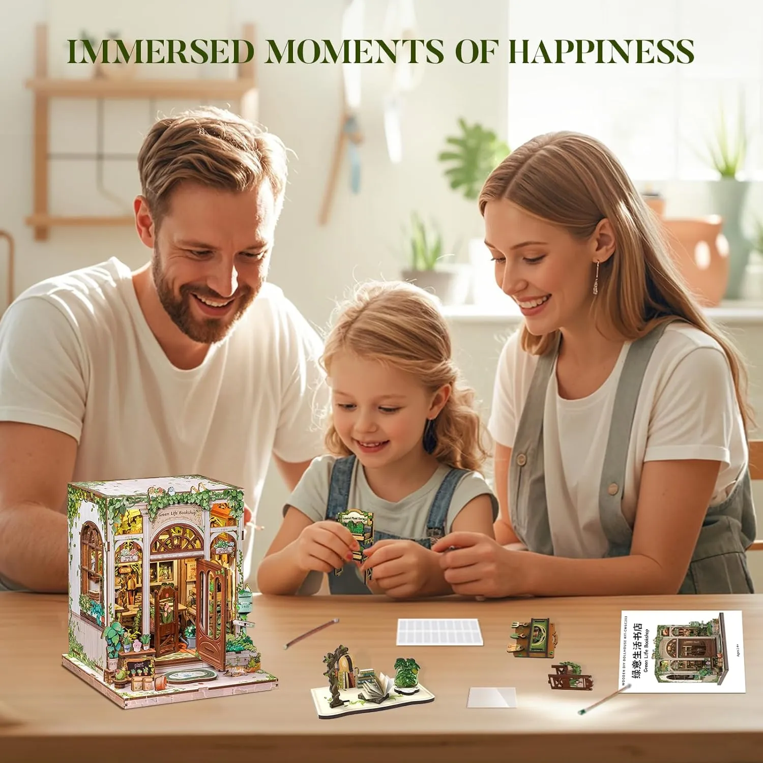 Fsolis Book Nook Kit, DIY Miniature Scene Dollhouse Kit for Adults and Beginners Mini Craft Bookshelf Nook Puzzle Tiny House Gifts for Women Teenagers Book Lovers (Green Life's Bookshop)