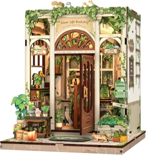Fsolis Book Nook Kit, DIY Miniature Scene Dollhouse Kit for Adults and Beginners Mini Craft Bookshelf Nook Puzzle Tiny House Gifts for Women Teenagers Book Lovers (Green Life's Bookshop)