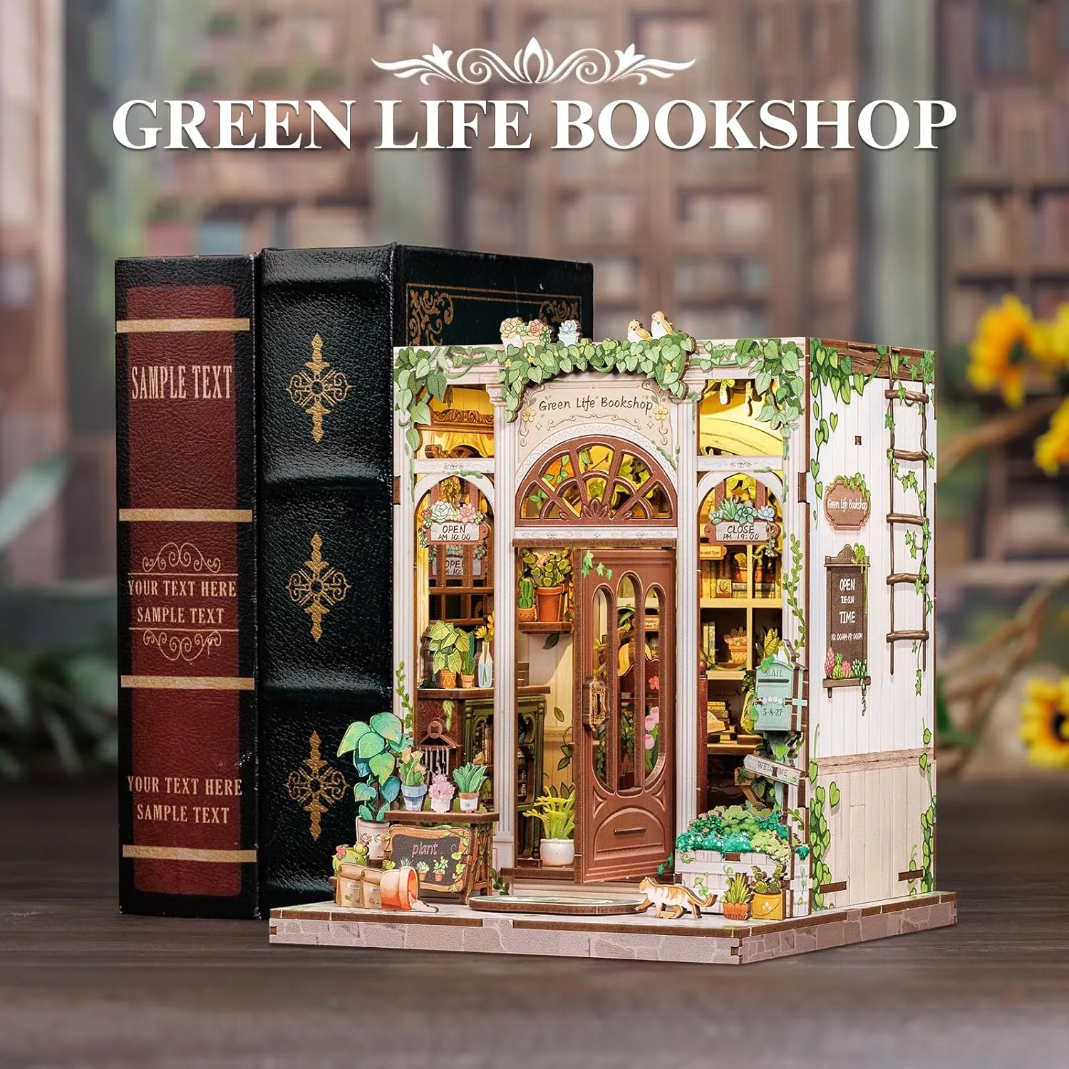 Fsolis Book Nook Kit, DIY Miniature Scene Dollhouse Kit for Adults and Beginners Mini Craft Bookshelf Nook Puzzle Tiny House Gifts for Women Teenagers Book Lovers (Green Life's Bookshop)