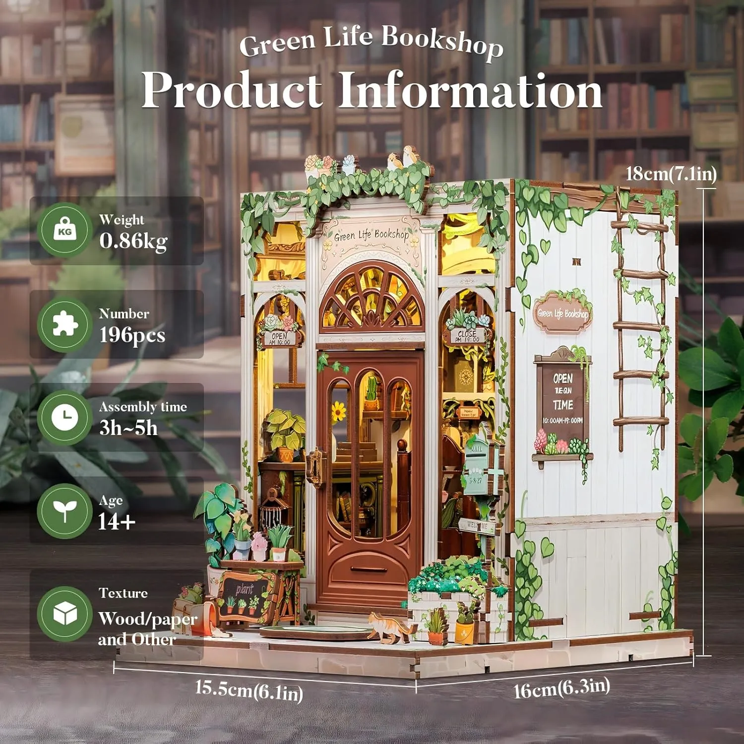 Fsolis Book Nook Kit, DIY Miniature Scene Dollhouse Kit for Adults and Beginners Mini Craft Bookshelf Nook Puzzle Tiny House Gifts for Women Teenagers Book Lovers (Green Life's Bookshop)