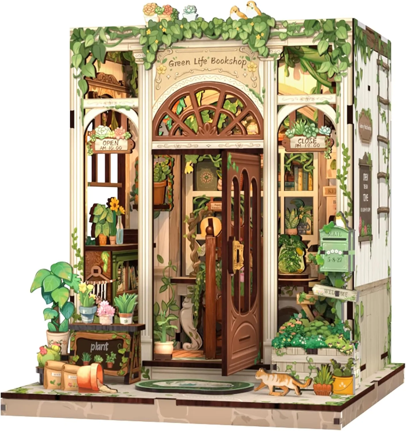 Fsolis Book Nook Kit, DIY Miniature Scene Dollhouse Kit for Adults and Beginners Mini Craft Bookshelf Nook Puzzle Tiny House Gifts for Women Teenagers Book Lovers (Green Life's Bookshop)
