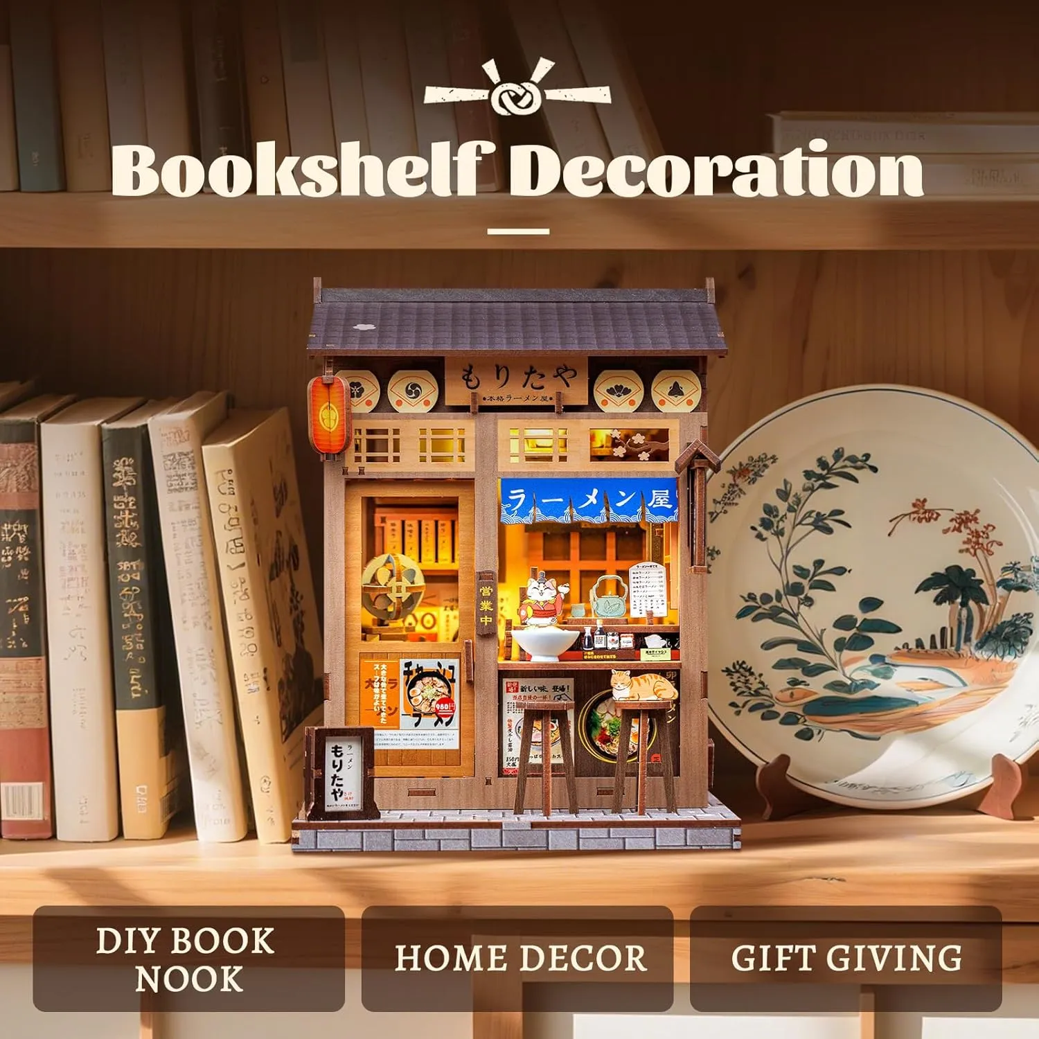 Fsolis Japanese Book Nook Kit - DIY Miniature Scene Dollhouse Kit 3D Puzzles for Adults Tiny House Mini Craft Bookshelf Nook Puzzle Book Decor Gifts for Women Teenagers Book Lovers (Morita-Ya Ramen)