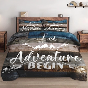 Full Size Comforter Set with 2 Pillowcases, Camp Adventure Motivational 3 Pcs Bedding for Kids and Adults, Vintage Inspirational World Soft Comforter Set for Bedroom Bed Decor