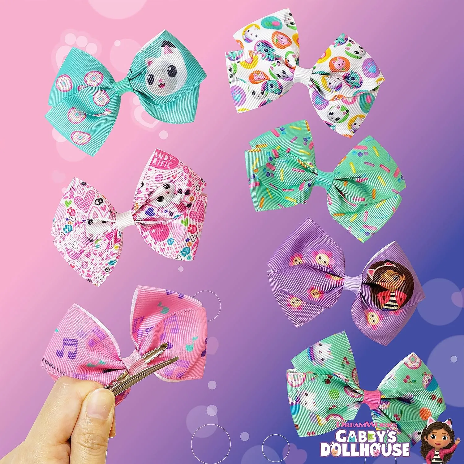 Gabby's Dollhouse Hair Bows - Hair Accessories Gift Set - 7 Pcs 4 Inch Bundle for Girls Different Character on each Hair Clip Kids Bow - Alligator Clip - Ages 3  