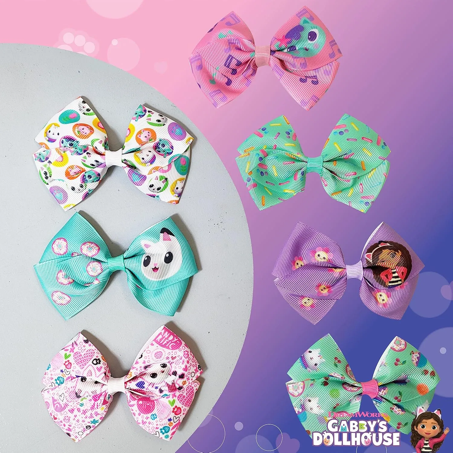 Gabby's Dollhouse Hair Bows - Hair Accessories Gift Set - 7 Pcs 4 Inch Bundle for Girls Different Character on each Hair Clip Kids Bow - Alligator Clip - Ages 3  