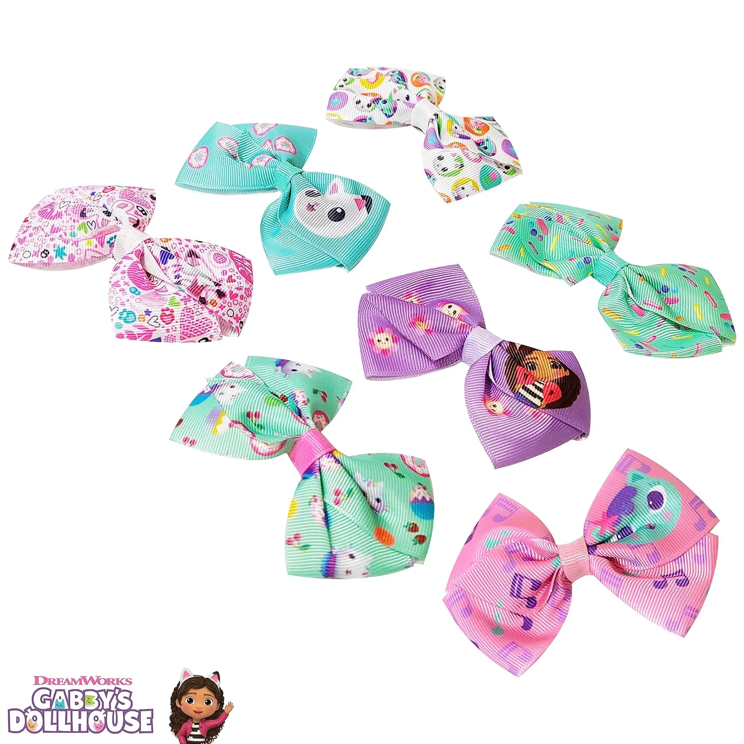 Gabby's Dollhouse Hair Bows - Hair Accessories Gift Set - 7 Pcs 4 Inch Bundle for Girls Different Character on each Hair Clip Kids Bow - Alligator Clip - Ages 3  