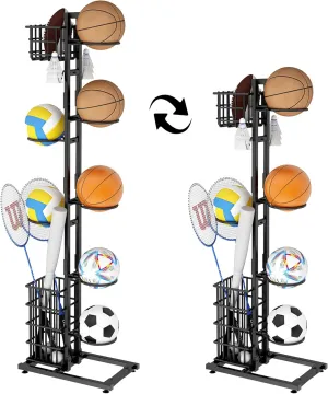 Garage Sports Equipment Organizer Ball Storage Rack Basketball Organizer Holder with Hooks and Basket Ball Holder for Home, Garage, Gym