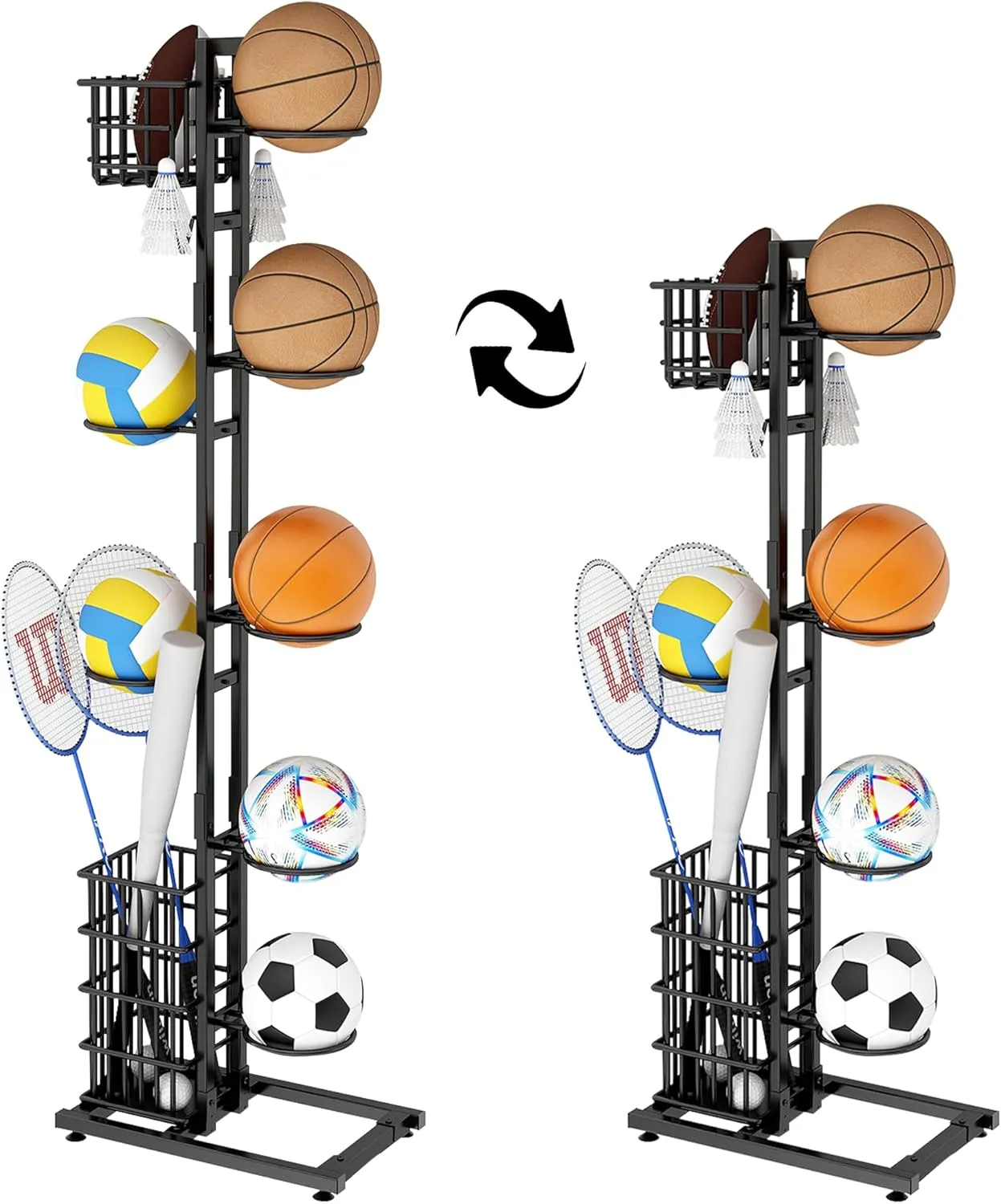 Garage Sports Equipment Organizer Ball Storage Rack Basketball Organizer Holder with Hooks and Basket Ball Holder for Home, Garage, Gym