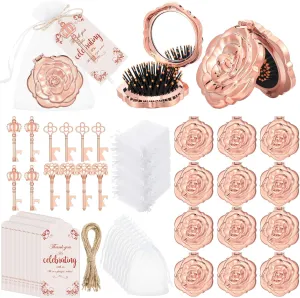 Geetery 24 Pcs Rose Gold Compact Mirrors with Brush Bulk Quinceanera Party Favors for Guests with Key Bottle Opener Thank You Tags Bridal Shower Wedding Party Souvenir Guest Gifts Game Prizes(12 Set)