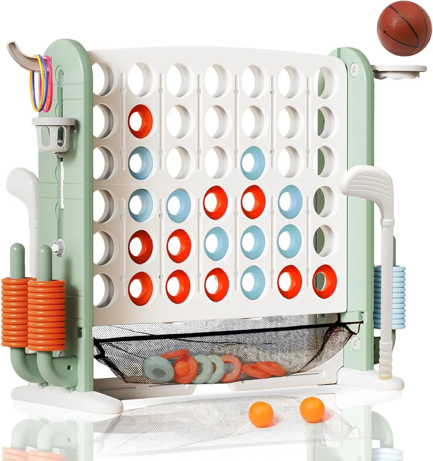 Giant Connect 4-in-A-Row Game Set, Adjustable Height Connect 4 Jumbo Yard Game with Basketball Hoop, Mesh Pocket & Ring Toss,Indoor/Outdoor Connect 4 Game for Kids Adults