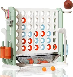 Giant Connect 4-in-A-Row Game Set, Adjustable Height Connect 4 Jumbo Yard Game with Basketball Hoop, Mesh Pocket & Ring Toss,Indoor/Outdoor Connect 4 Game for Kids Adults