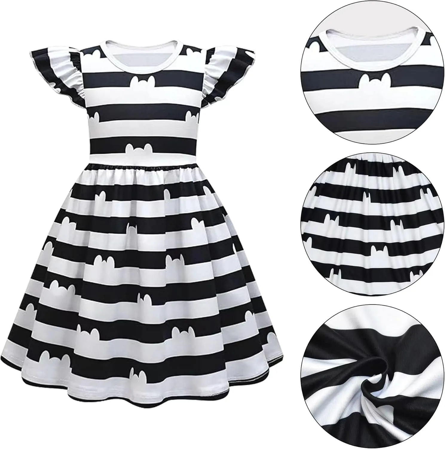 Girls' dollhouse Dress with Classic Stripes,Ruffle Sleeve Dresses with Headband Cat Purse and Glasses Outfit