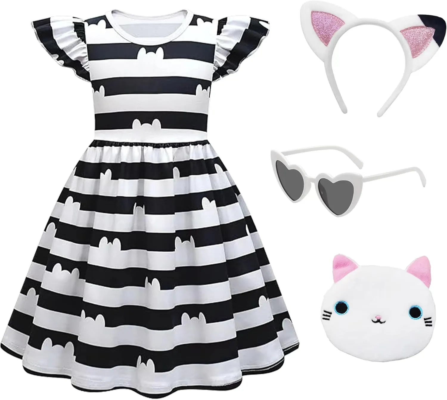 Girls' dollhouse Dress with Classic Stripes,Ruffle Sleeve Dresses with Headband Cat Purse and Glasses Outfit