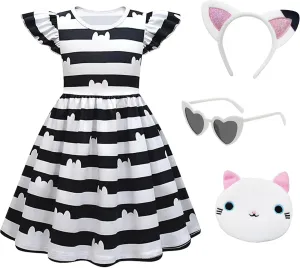 Girls' dollhouse Dress with Classic Stripes,Ruffle Sleeve Dresses with Headband Cat Purse and Glasses Outfit